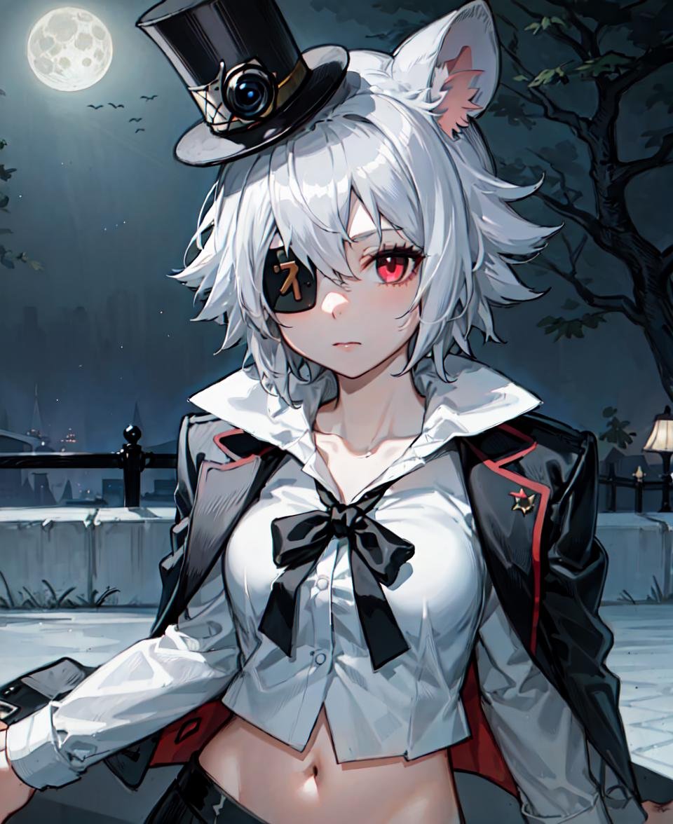 masterpiece, best quality, <lora:Click768V16:0.7>, 1girl, clicklora, mouse ears, grey hair, short hair, hair between eyes, red eyes, official alternate costume, eye patch, black top hat, black jacket on shoulders, white collared shirt, neck bowtie, cropped shirt, black skirt, upper body, night , moon