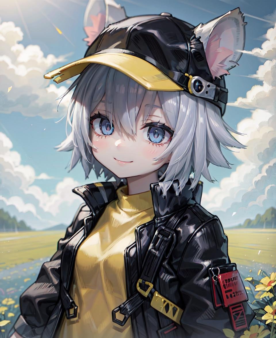 masterpiece, best quality, <lora:Click768V16:0.7>, 1girl, clicklora, mouse ears, grey hair, short hair, blue eyes, black baseball cap, yellow shirt, black jacket, open jacket, smile, upper body, sky, field, looking at viewer