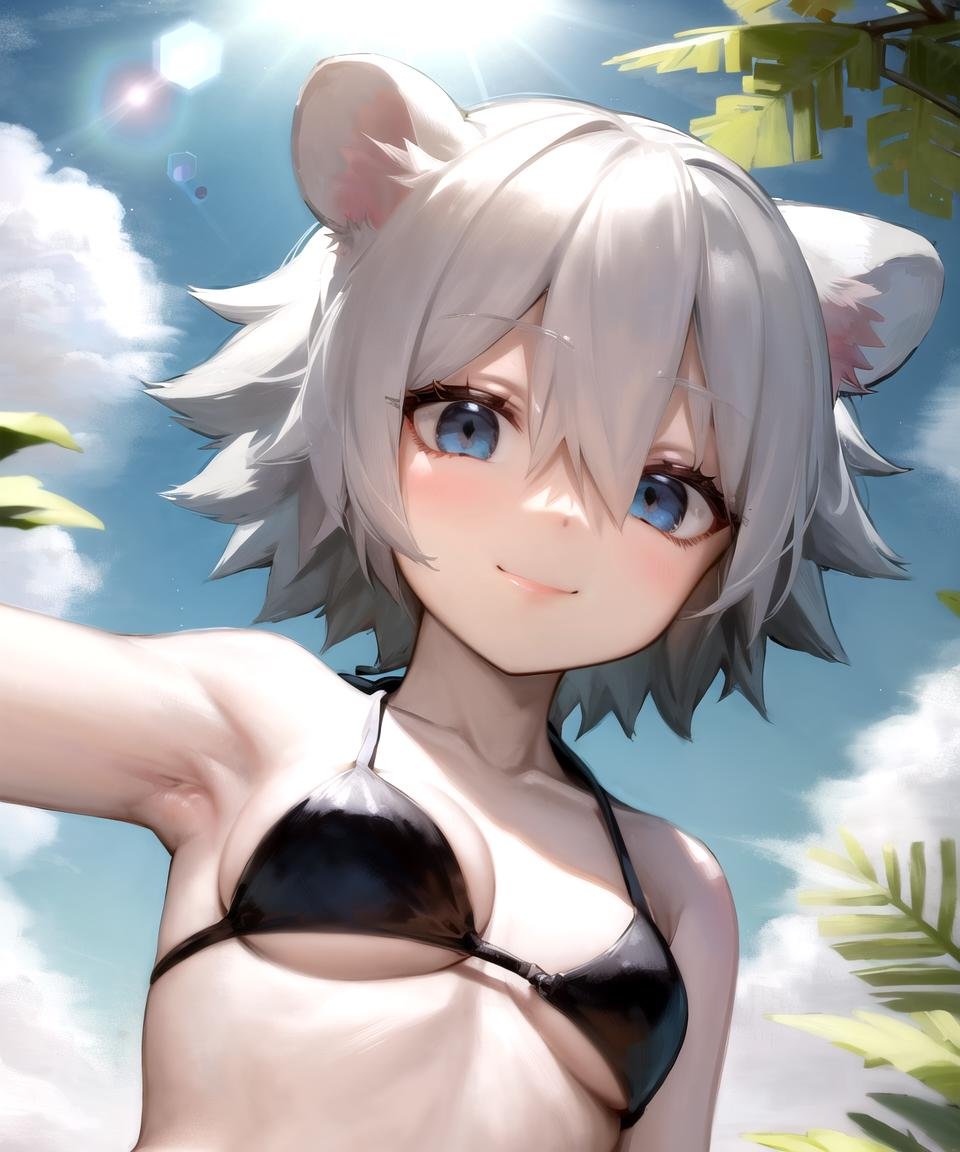 masterpiece, best quality, <lora:Click768V16:0.7>, clicklora, 1girl, solo, mouse ears, animal ears, short hair, grey hair, hair between eyes, blue eyes, bikini, beach, smile,from below, upper body, sky, clouds, sunlight, sun, lens flare