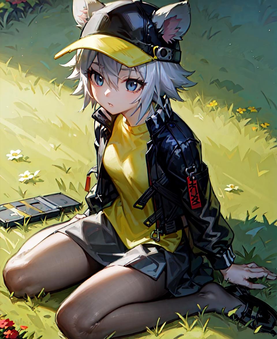 masterpiece, best quality, <lora:Click768V16:0.7>, 1girl, clicklora, mouse ears, grey hair, short hair, hair between eyes, blue eyes, black baseball cap, yellow shirt, black jacket, open jacket, black skirt, grey pantyhose, wariza, from above, grass, flower, garden