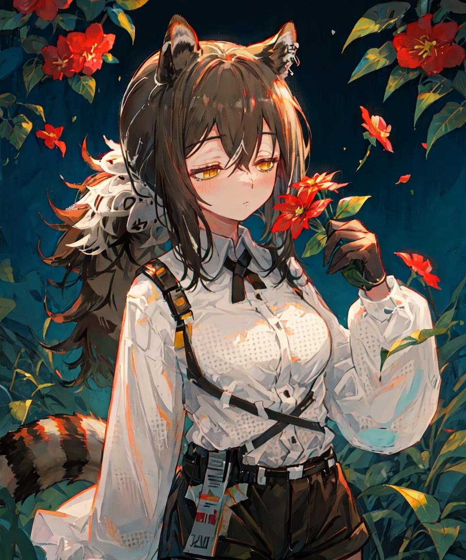 masterpiece, best quality, <lora:Robin768V3:0.7>, 1girl, robin \(arknights\), raccoon ears, raccoon girl, raccoon tail, animal hands, brown hair, hair between eyes, long hair, ponytail, yellow eyes, breasts, white collared shirt, polka dot shirt, cross tie, long sleeves, brown shorts, legwear under shorts, upper body, holding flower, red flower, closed eyes, close-up