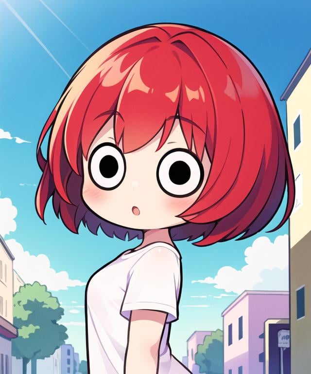 masterpiece, best quality, <lora:GT640V4:0.4>, chibi, 1girl, red hair, short hair, white t-shirt, :o, sky, looking at viewer, upper body, from side, street, <lora:hotarueye_comic4_v100:0.9>