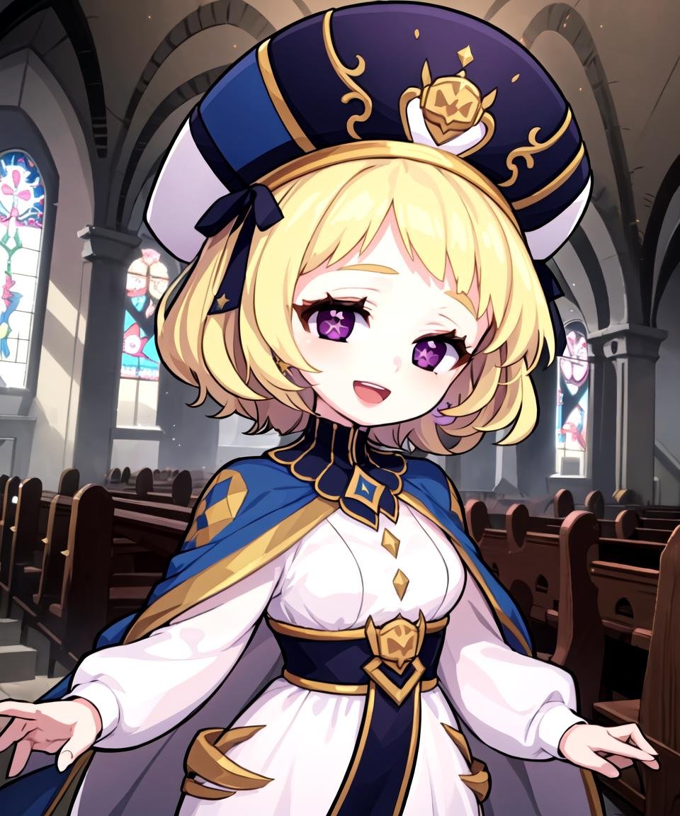 masterpiece, best quality, <lora:Vero768V1:0.7>, 1girl, verogt, blonde hair, short hair, blue hair ribbon, purple eyes, star-shaped pupils, pom pom earrings, hat, blue headwear, cloak, white dress, long sleeves, smile, open mouth, looking at viewer, upper body, indoors, church, <lora:GT640V4:0.5>, chibi