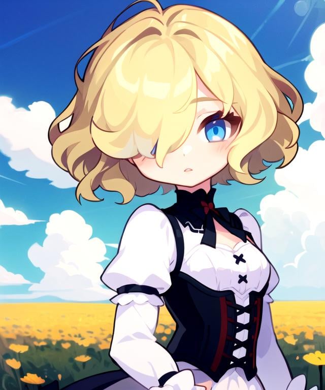 masterpiece, <lora:GT640V4:0.7>, chibi, best quality, 1girl, blonde hair, short hair, wavy hair, hair over one eye, blue eyes, small breasts, white dress, corset, black skirt, upper body, field, sky, clouds