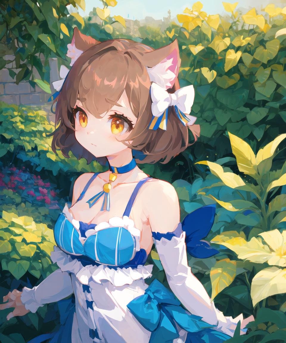 masterpiece, best quality, <lora:GT640V4:0.6>, (chibi:1.1), 1girl, <lora:rezero_felixargyle:0.7>, felix argyle, hair bow, dress, striped, ribbon, blue choker, collarbone, bare shoulders, (medium breasts), upper body, garden, plant