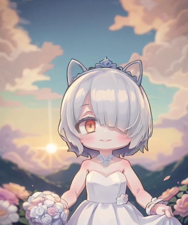 masterpiece, best quality, <lora:CharWestia768V6:0.7>, 1girl, charwestia, short hair, white hair, hair over one eye, tiara, yellow eyes, upper body, sunset, sun, clouds, sky, white dress, wedding dress, smile, sunlight, flowers, <lora:GT640V4:0.7>, chibi