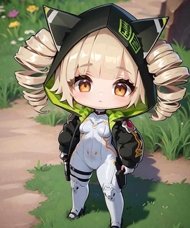 masterpiece, best quality, <lora:Shiro768V10:0.7>, 1girl, shirotof, blonde hair, drill hair, twintails, brown eyes, bangs, black hooded jacket, hood up, animal hood, cat hood, hair through headwear, white pilot suit, body suit, from above, grass, standing, :<, <lora:GT640V4:0.6>, chibi