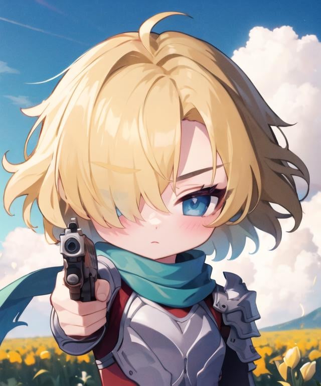 masterpiece, best quality, <lora:future_princess:0.7>, future princess, blonde hair, short hair, hair over one eye, blue eyes, scarf, shoulder armor,  <lora:LoraGoth:0.7>, holding pistol, aiming at viewer, handgun, pov, looking at viewer, upper body, sky, clouds, field, <lora:GT640V4:0.5>, (chibi:1.3)