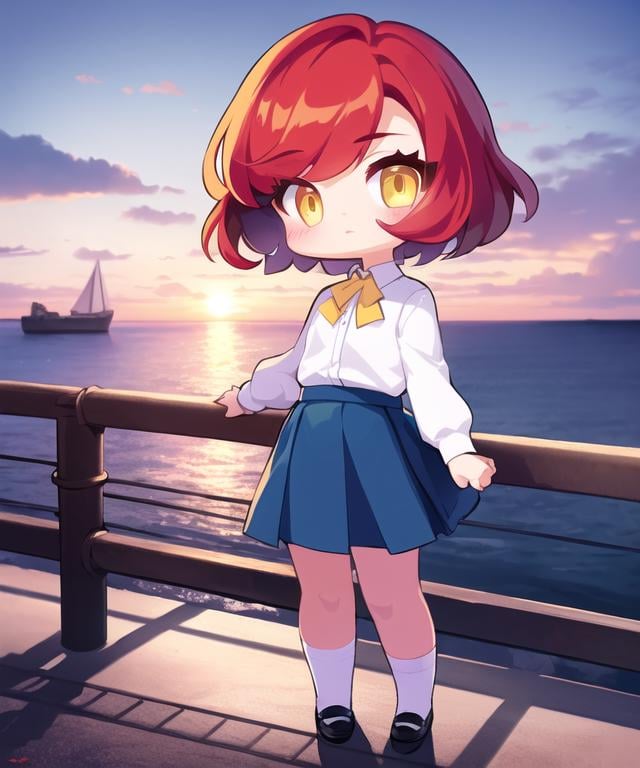 masterpiece, best quality, <lora:GT640V4:0.7>, chibi, 1girl, red hair, short hair, bangs, yellow eyes, white collared shirt, blue skirt, looking at viewer, full body, iron fence, sidewalk, sunset, ocean, cloud, boats