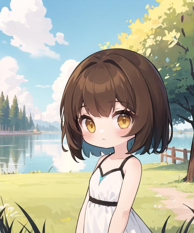 masterpiece, best quality, <lora:GT640V4:0.5>, chibi, 1girl, medium hair, brown hair, yellow eyes, looking at viewer, white dress, sleeveless, upper body, sky, clouds, tree, fence, grass, lake, sunlight