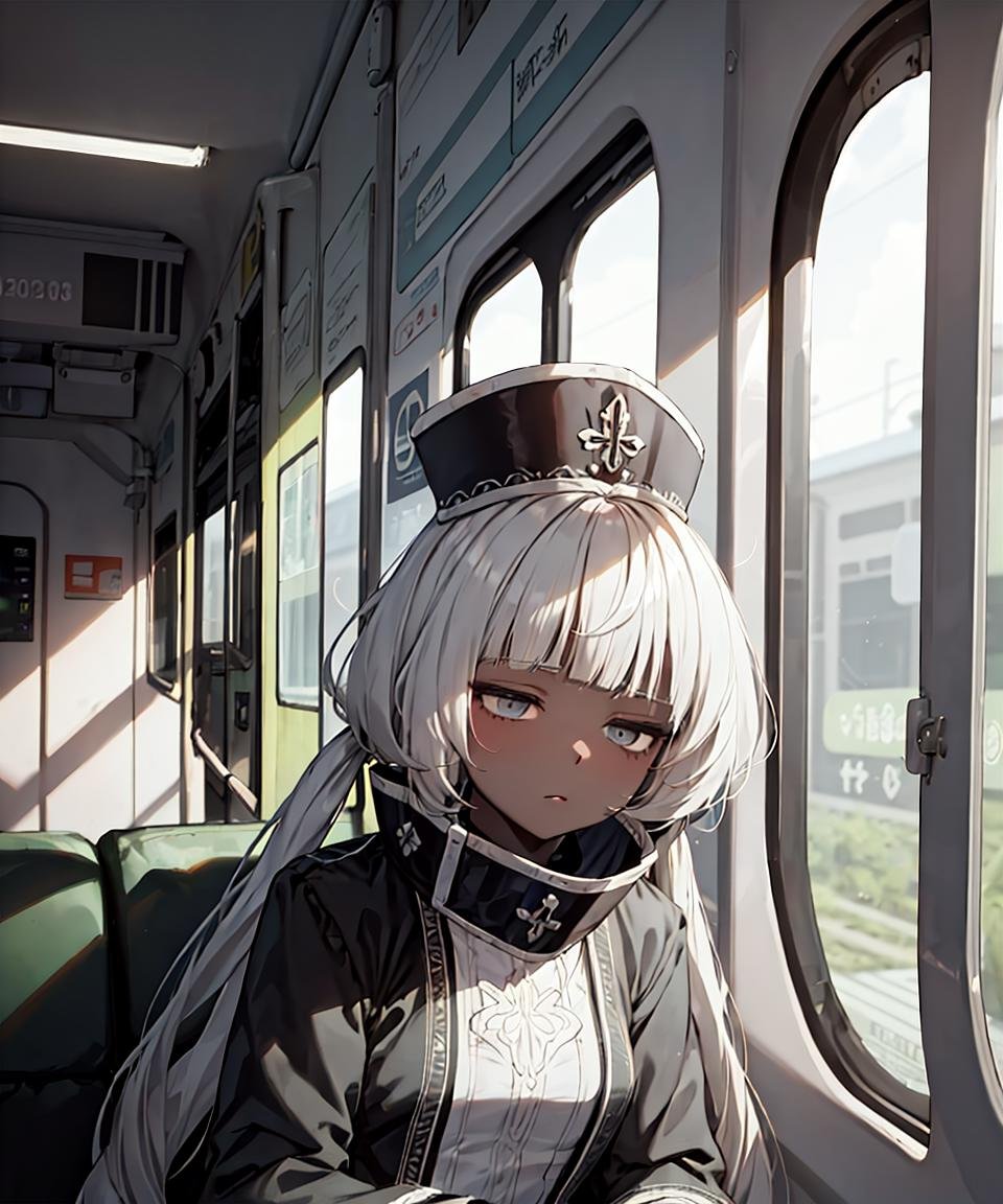 masterpiece, best quality, <lora:Charon576V1:0.7>, 1girl, grey hair, long hair, blunt bangs, low twintails, grey eyes, half-closed eyes, dark skin, hat, grey dress, high collar, long sleeves, expressionless, upper body, window, sitting, indoors, train, looking to the side, bored