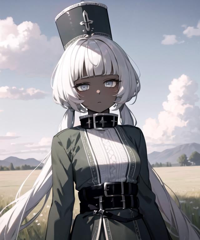 masterpiece, best quality, <lora:Charon576V1:0.7>, 1girl, charonlora, dark skin, grey hair, long hair, blunt bangs, low twintails, grey eyes, hat, grey dress, high collar, belt, looking at viewer, upper body, field, sky, clouds