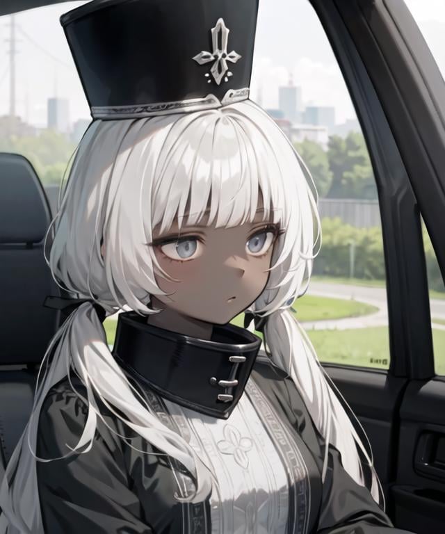 masterpiece, best quality, driving, car, upper body, <lora:Charon576V1:0.7>, 1girl, grey hair, long hair, blunt bangs, low twintails, grey eyes, dark skin, hat, grey dress, high collar, long sleeves, expressionless