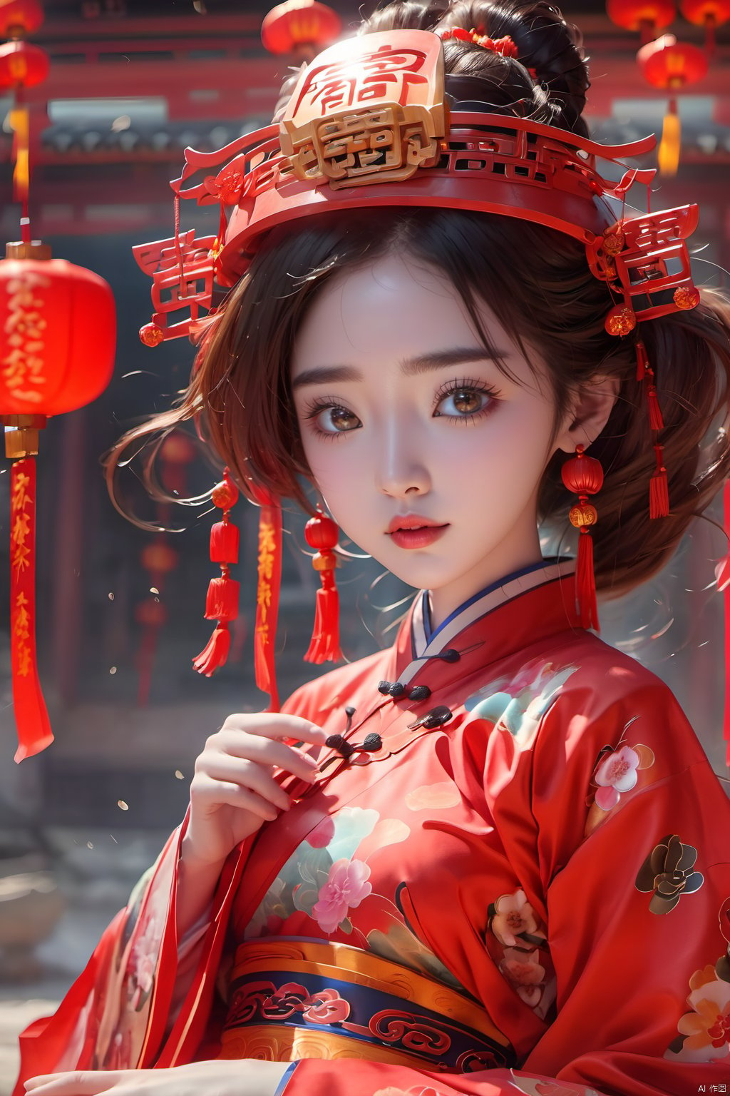  best quality,masterpiece,16k,1girl,Chinese New Year,Welcoming Spring Girl,Spring welcome clothing,Hanfu,Chinese knot,Red Theme,Close-up,(Chest metal buttons:1.3),Regular circular helmet,Large chest,Complex,(A large metal helmet:1.5),(A huge metal helmet:1.3),ancient Chinese architecture,Red Lantern,Zhang Deng Jie Cai,Full of joy and joy,Spring Festival couplets,Ancient Chinese script,Brown eyes,Clothing printing