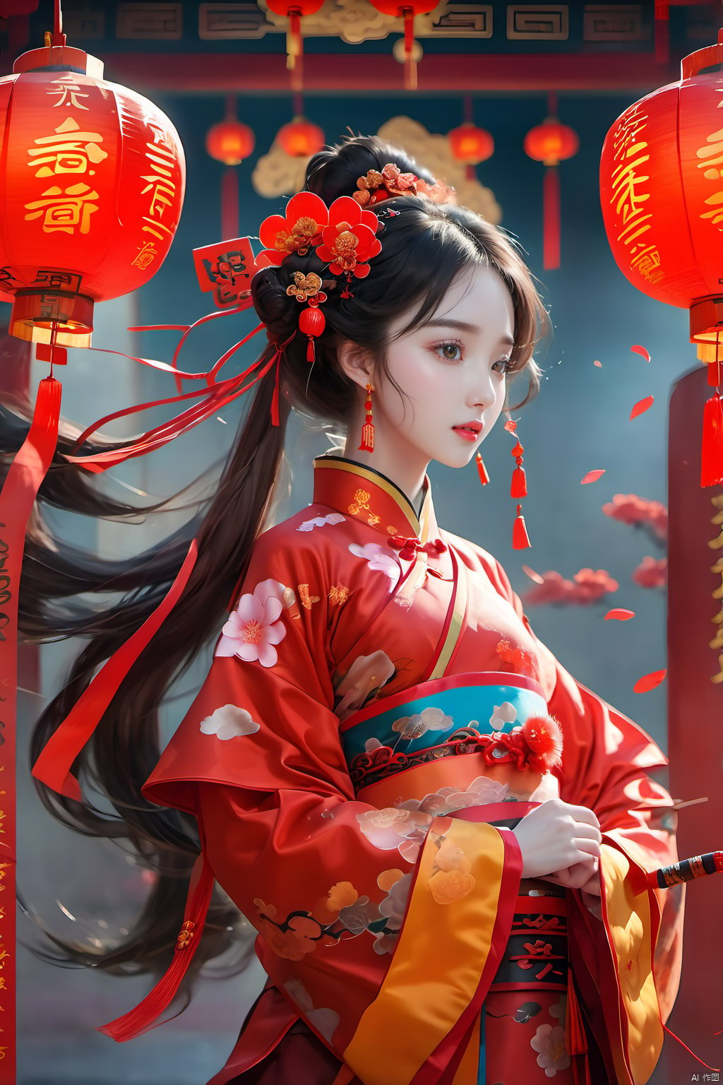  best quality,masterpiece,16k,1girl,Chinese New Year,Welcoming Spring Girl,Spring welcome clothing,Hanfu,Chinese knot,Red Theme,Water tank,(The huge circular mecha behind it:1.5),Looking up,Printed black silk,Headwear,Yellow goldfish,(full body:1.5),ancient Chinese architecture,Red Lantern,Zhang Deng Jie Cai,Full of joy and joy,Spring Festival couplets,Ancient Chinese script,Brown eyes,Clothing printing