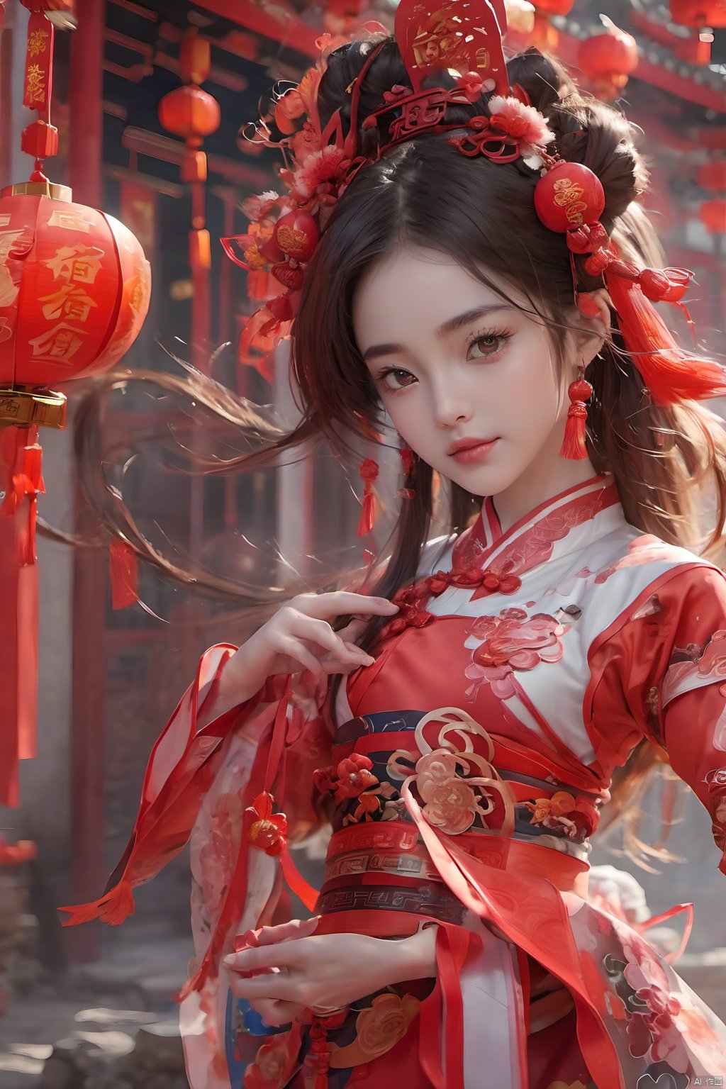  best quality,masterpiece,16k,1girl,Chinese New Year,Welcoming Spring Girl,Spring welcome clothing,Hanfu,Chinese knot,Upper body,Red Theme,Red and white clothing,(The dancing lion head on the head:1.3),Headwear,（The metal mecha behind it：1.5）,（Lion Dance）,full body,ancient Chinese architecture,Red Lantern,Zhang Deng Jie Cai,Full of joy and joy,Spring Festival couplets,Ancient Chinese script,Brown eyes,Clothing printing, (\shi shi ru yi\)