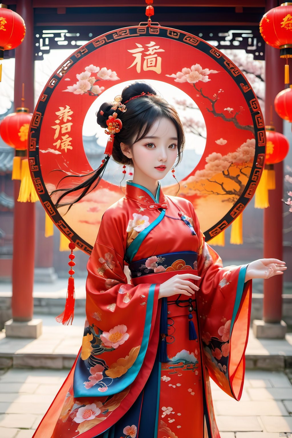  best quality,masterpiece,16k,1girl,Chinese New Year,Welcoming Spring Girl,Spring welcome clothing,Hanfu,Chinese knot,Red Theme,Water tank,(The huge circular mecha behind it:1.5),Looking up,Printed black silk,Headwear,Yellow goldfish,(full body:1.5),ancient Chinese architecture,Red Lantern,Zhang Deng Jie Cai,Full of joy and joy,Spring Festival couplets,Ancient Chinese script,Brown eyes,Clothing printing, 1girl