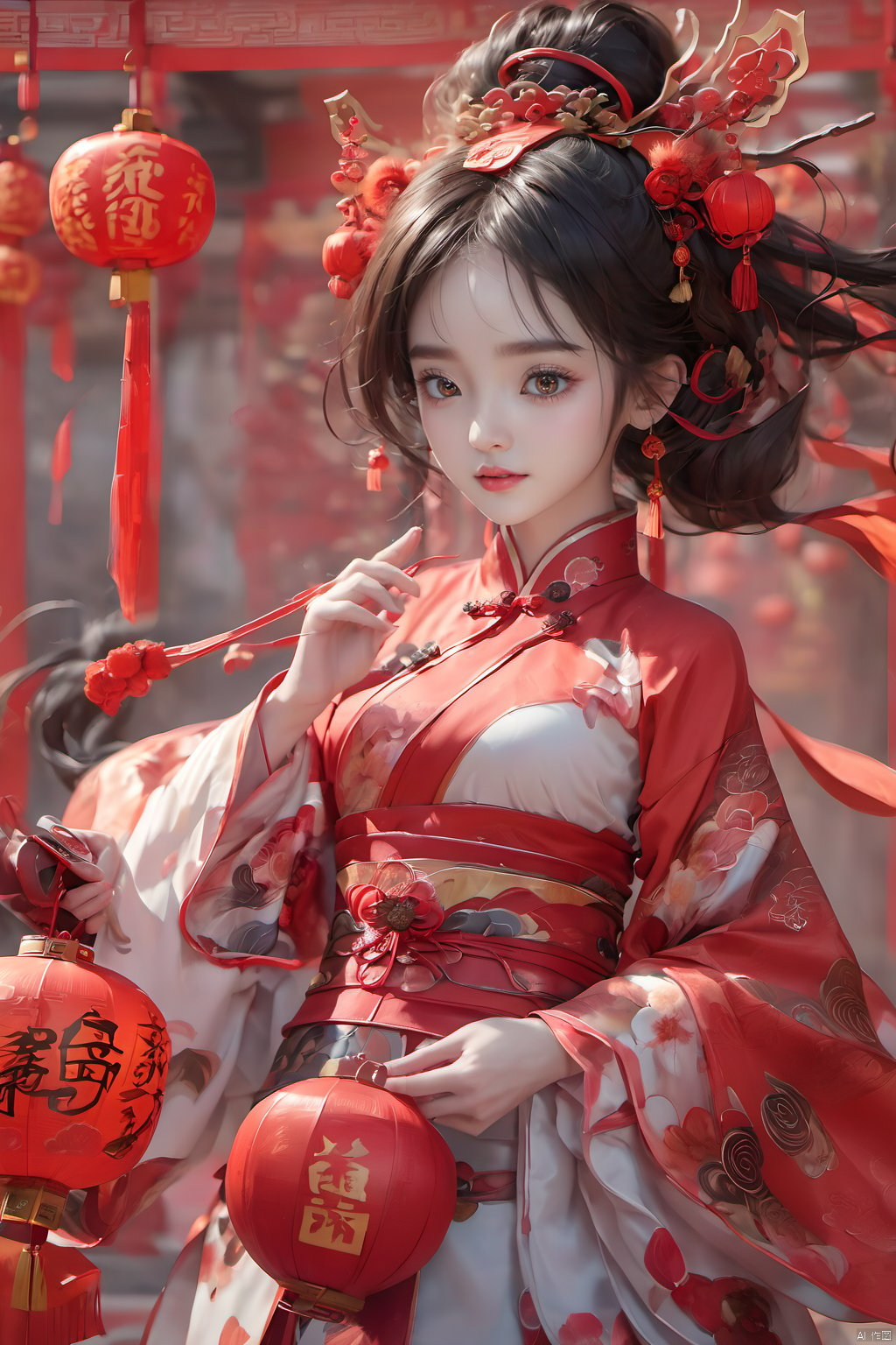  best quality,masterpiece,16k,1girl,Chinese New Year,Welcoming Spring Girl,Spring welcome clothing,Hanfu,Chinese knot,Red Theme,Close-up,Chest metal buttons,Regular circular helmet,Large chest,Complex,A large metal helmet,A huge metal helmet,ancient Chinese architecture,Red Lantern,Zhang Deng Jie Cai,Full of joy and joy,Spring Festival couplets,Ancient Chinese script,Brown eyes,Clothing printing