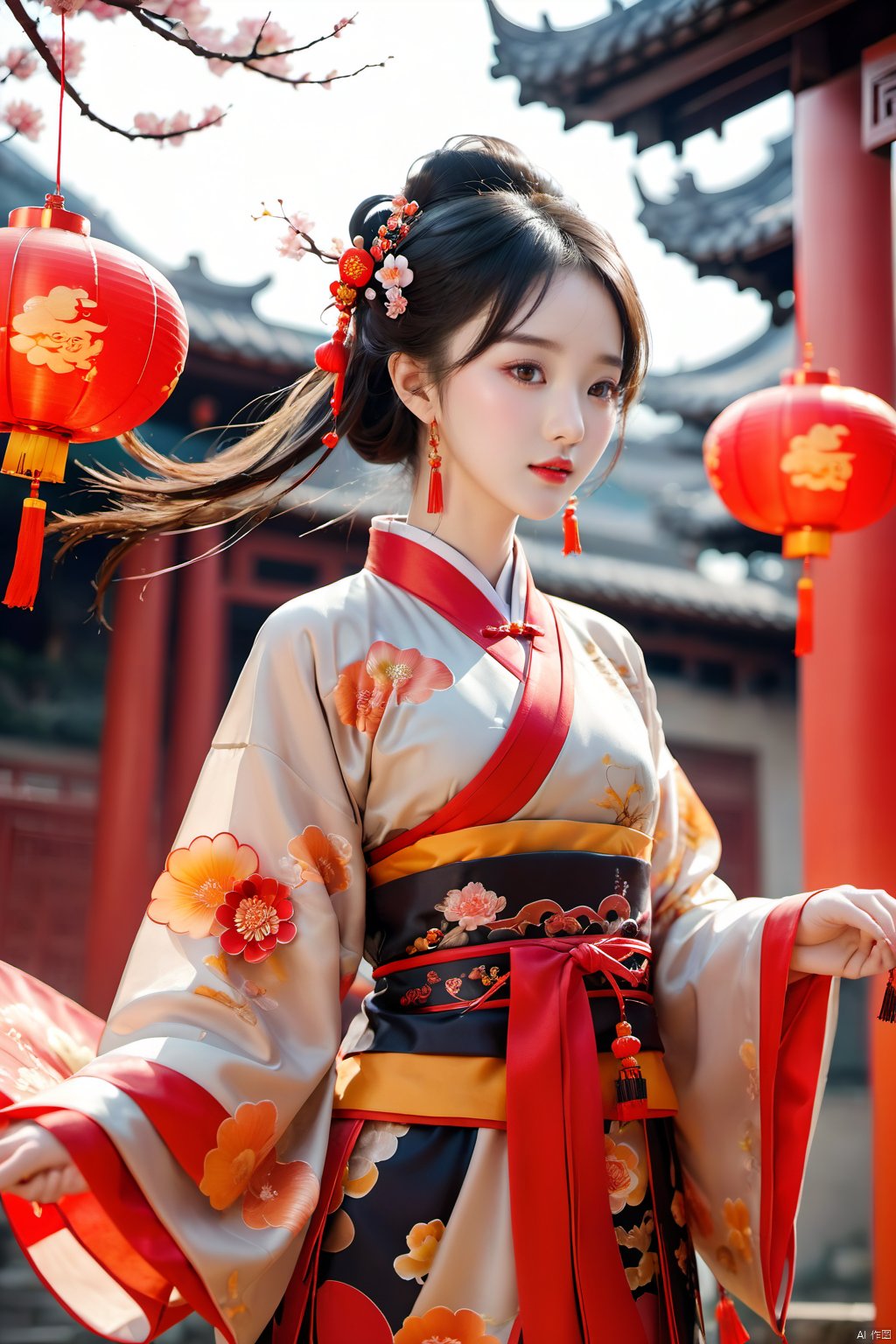  best quality,masterpiece,16k,1girl,Chinese New Year,Welcoming Spring Girl,Spring welcome clothing,Hanfu,Chinese knot,Red Theme,Water tank,(The huge circular mecha behind it:1.5),Looking up,Printed black silk,Headwear,Yellow goldfish,(full body:1.5),ancient Chinese architecture,Red Lantern,Zhang Deng Jie Cai,Full of joy and joy,Spring Festival couplets,Ancient Chinese script,Brown eyes,Clothing printing, 1girl