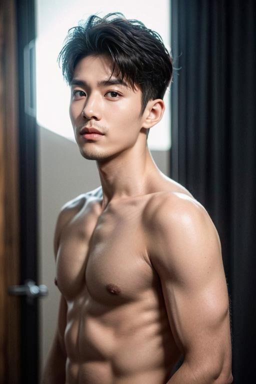 ((masterpiece)),((bestquality)),8k,high detailed,ultra-detailed,Realistic,professional photography,85mm lens,front view,halfbody shot,photograhpy,sharp focus,HD,8k,simple background,portrait,1boy,(topless:1.47),solo,tall,thin,slim asian boy,handsome face,(real skin texture:1.334),Medium Length Haircut,well-proportioned hands,black eyes,thick eyebrows,solid eyes,(((Stubble))),<lora:add_detail:0.8>,([Three-point lighting|Strip lighting|bright|Strobe lighting|Accent lighting]),