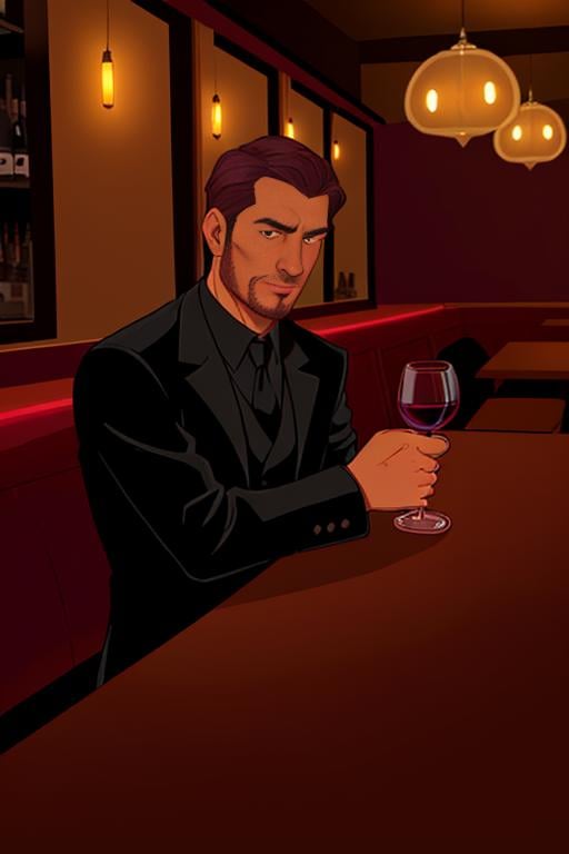 man in a dark suit,  sitting in a restaurant,  drinking a glass of red wine by dbst17 on Tensor.Art