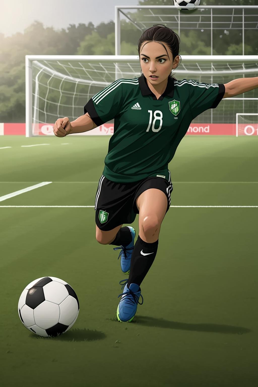 woman playing soccer,  green soccer field,  grass by dbst17 on Tensor.Art