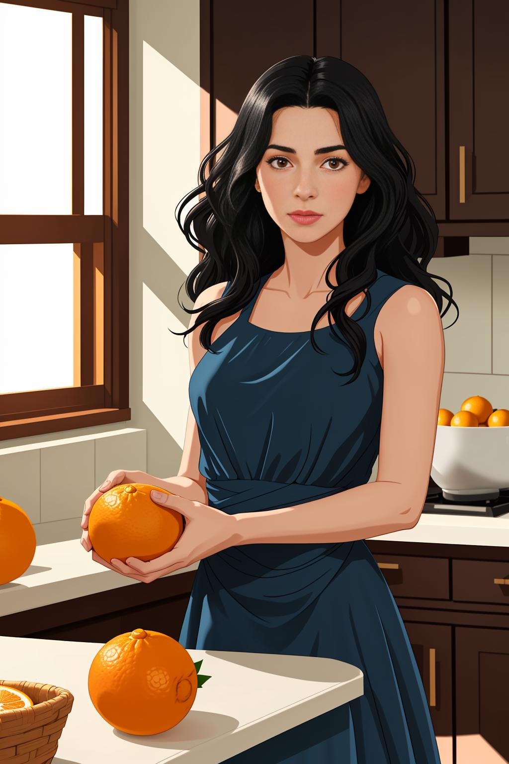 woman with long black wavy hair and a blue dress is throwing oranges at the viewer in her kitchen,  realistic,  cinematic...