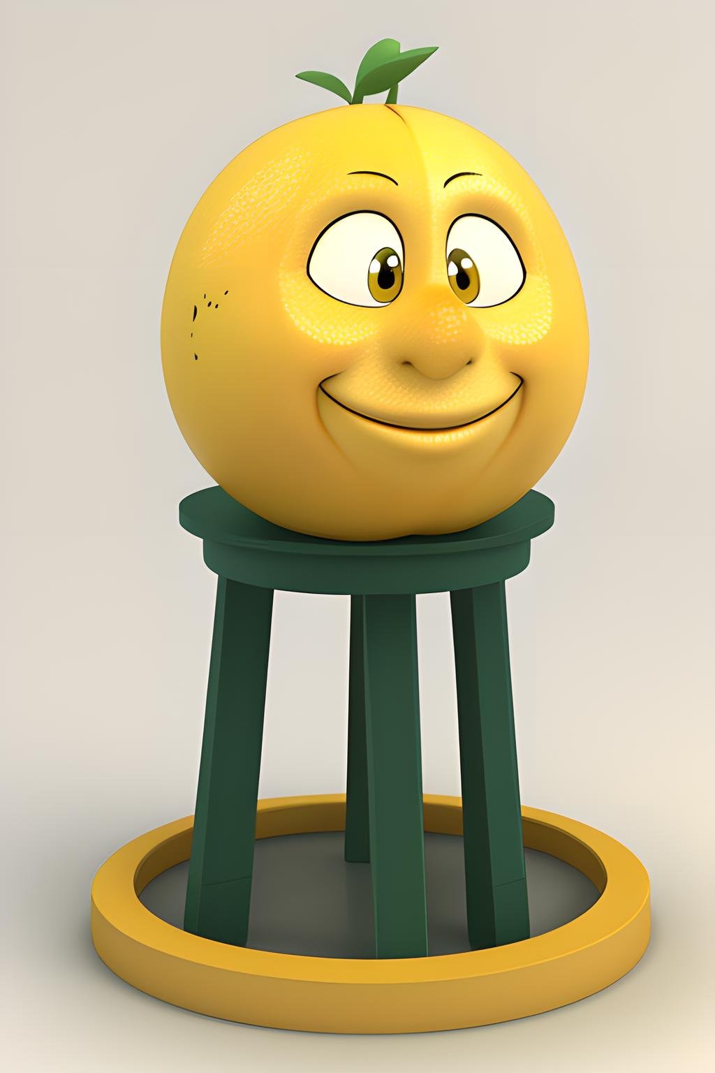 a big yellow lemon with a face with eyes and a big smile is sitting on a table,  looking happy,  low angle by dbst17 on Te...