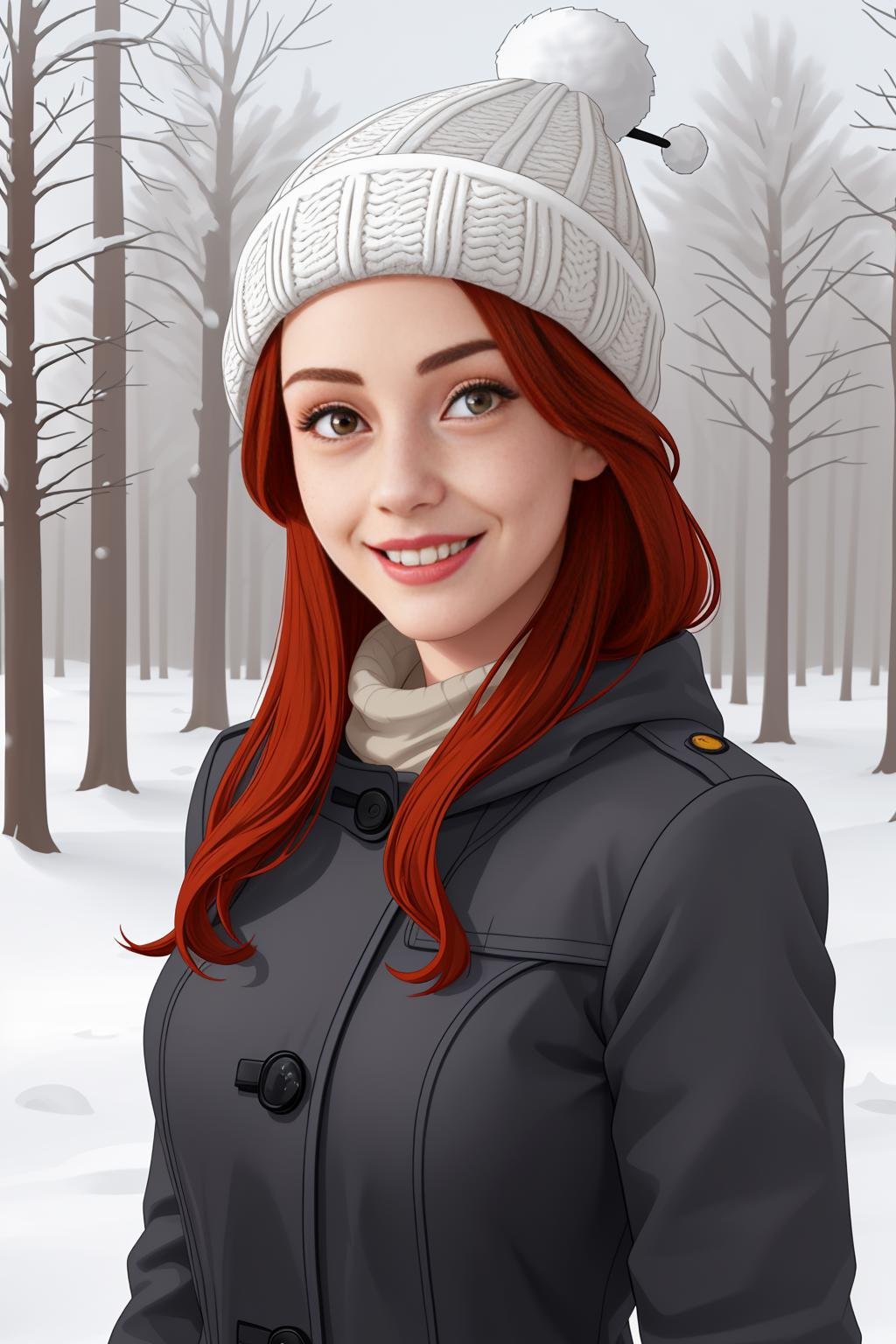 woman in a winter coat with a winter hat,  mocking smile,  delicate facial features by dbst17 on Tensor.Art