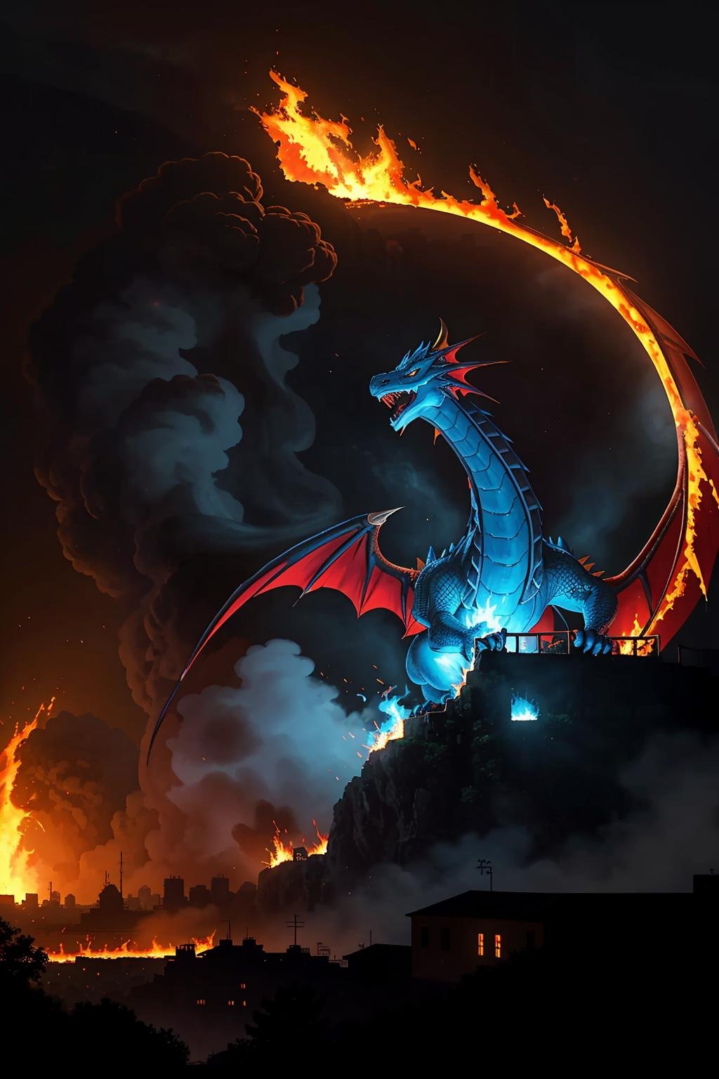 blue dragon burning a city to the ground,  ancient city,  burning by dbst17 on Tensor.Art