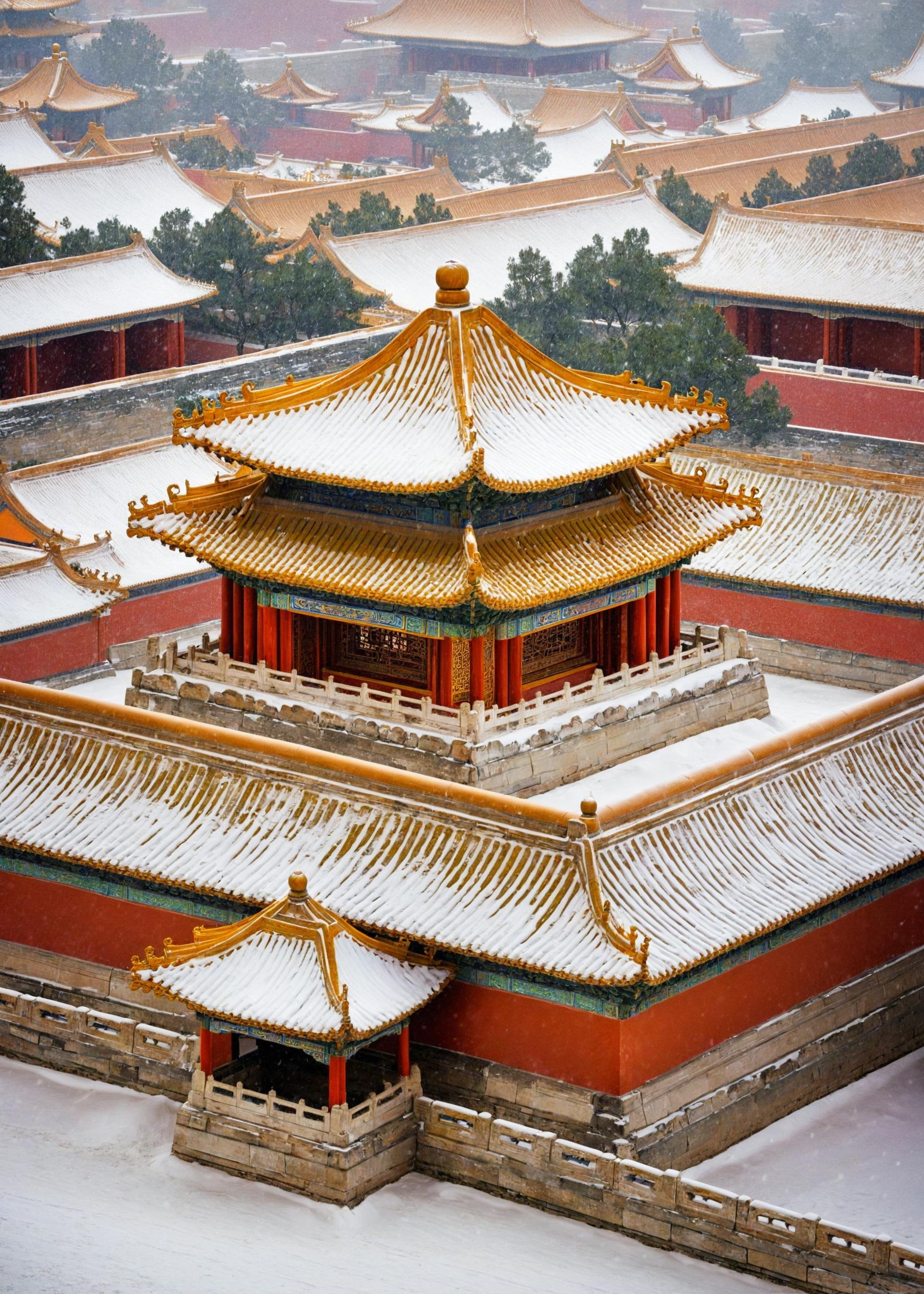 <lora:故宫:1>,The Forbidden City,no humans,This image showcases an exquisite display of traditional East Asian architecture,most likely from China. The scene is dominated by multi-tiered roofs adorned with intricate designs and patterns. Snow blankets the rooftops,adding a serene and tranquil ambiance to the setting. The pagoda-like structures are ornate,with golden embellishments and colorful tiles. The overall scene is a blend of nature's beauty and human architectural artistry,capturing the essence of a snowy day in a historic location.,, masterpiece, best quality,