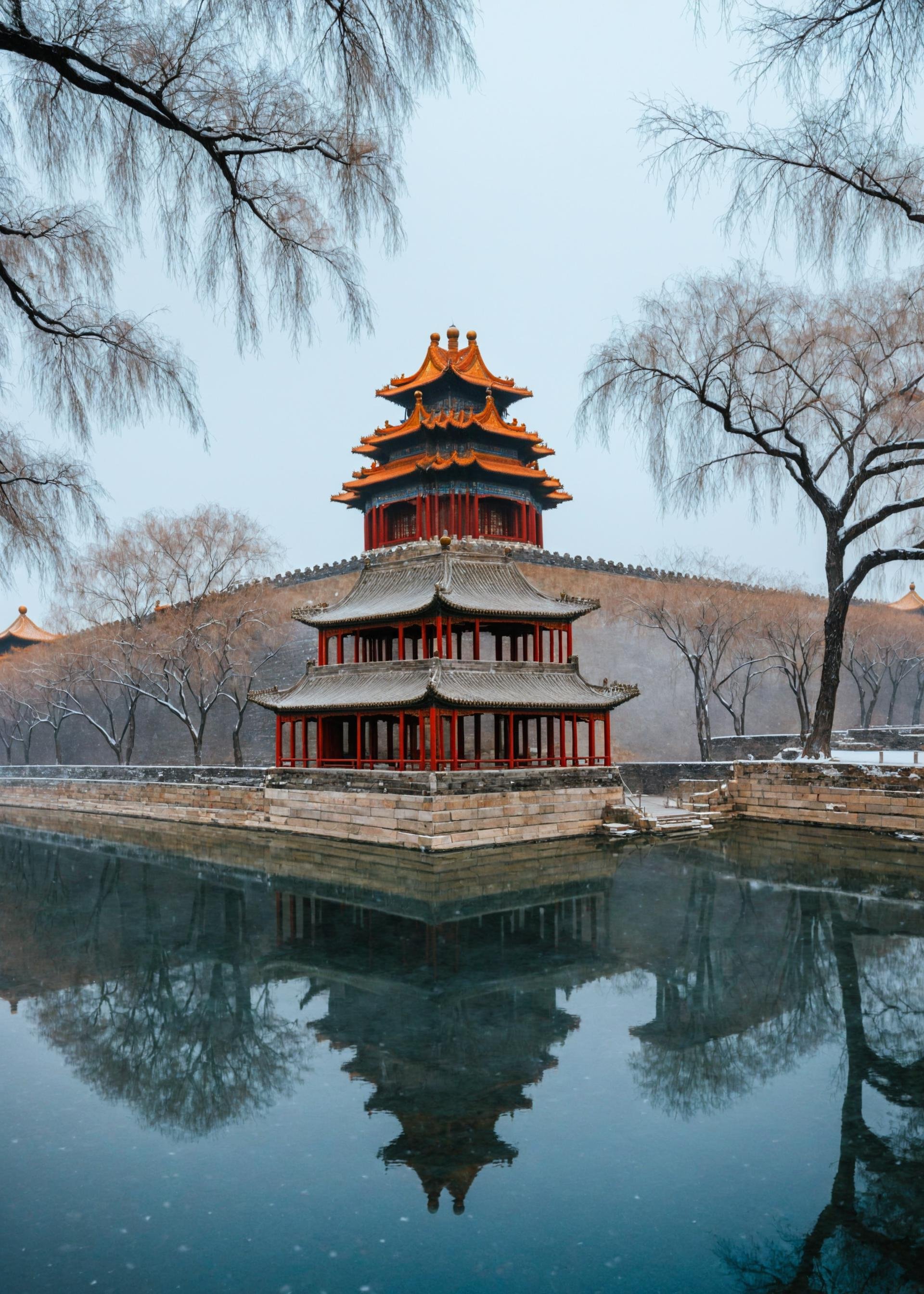 <lora:故宫:1>,The Forbidden City,no humans,The image showcases a serene winter landscape,possibly in China,given the architectural style of the buildings. In the foreground,there's a calm body of water with a small bridge connecting two land masses. A snow-covered tree stands prominently on the left side of the image. In the background,there's a majestic multi-tiered pagoda-style building with intricate designs and a vibrant red roof,surrounded by a stone wall. The sky is overcast with a hint of blue peeking through,suggesting either early morning or late afternoon. The photograph is credited to 'LensCAT' and is dated '02/2017'.,, masterpiece, best quality,