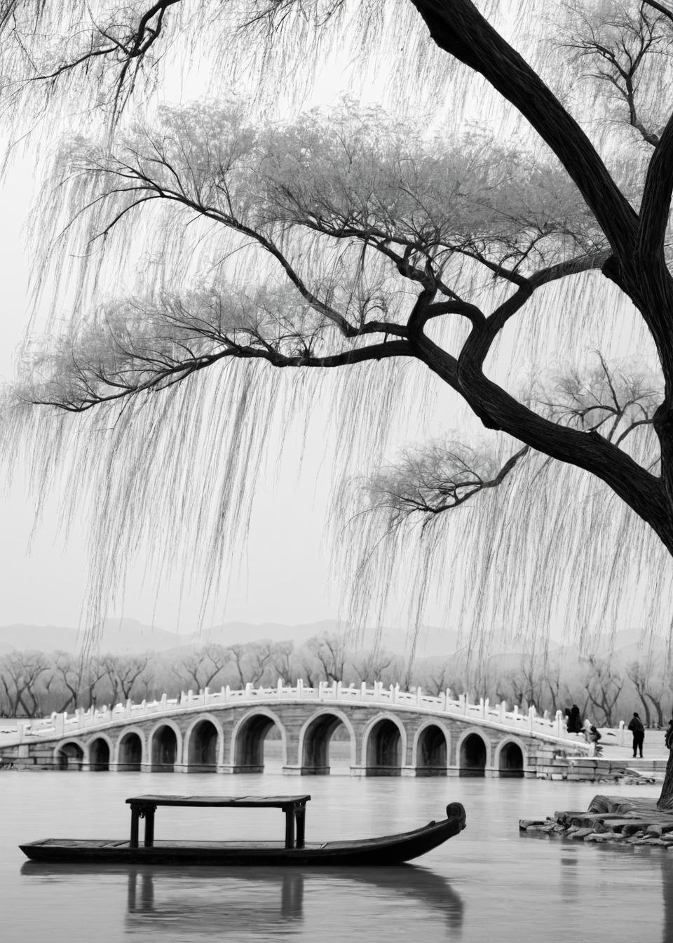 <lora:颐和园:1>,The Summer Palace, greyscale, monochrome, bridge, tree, scenery, no humans, water, outdoors, river, bare tree, watercraft, boat, building, pier, bench, architecture, dock, masterpiece, best quality,