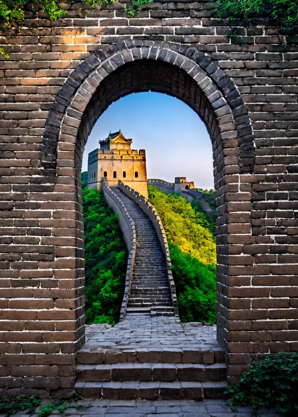 <lora:长城:1>,The Great Wall,no humans,scenery,window,brick wall,wall,arch,stairs,sunlight,stone wall,tree,in the building,, masterpiece, best quality,