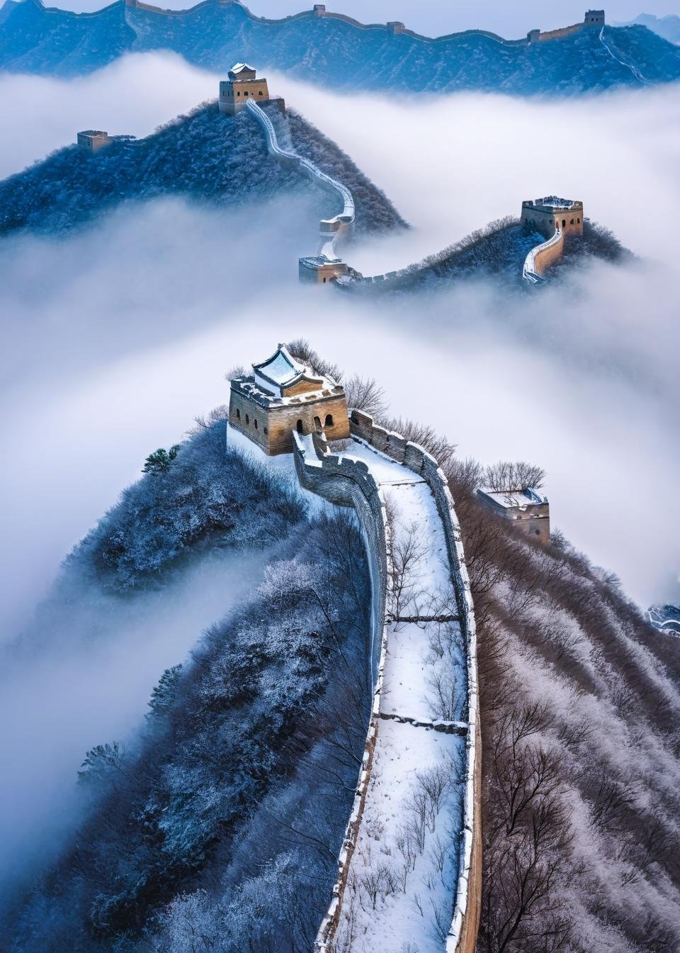 <lora:长城:1>,The Great Wall, scenery, no humans, outdoors, sky, cloud, mountain, tree, nature, day, blue sky, forest, snow, monochrome, signature, landscape, road, cloudy sky, blue theme, house, grass, fog, building, masterpiece, best quality,