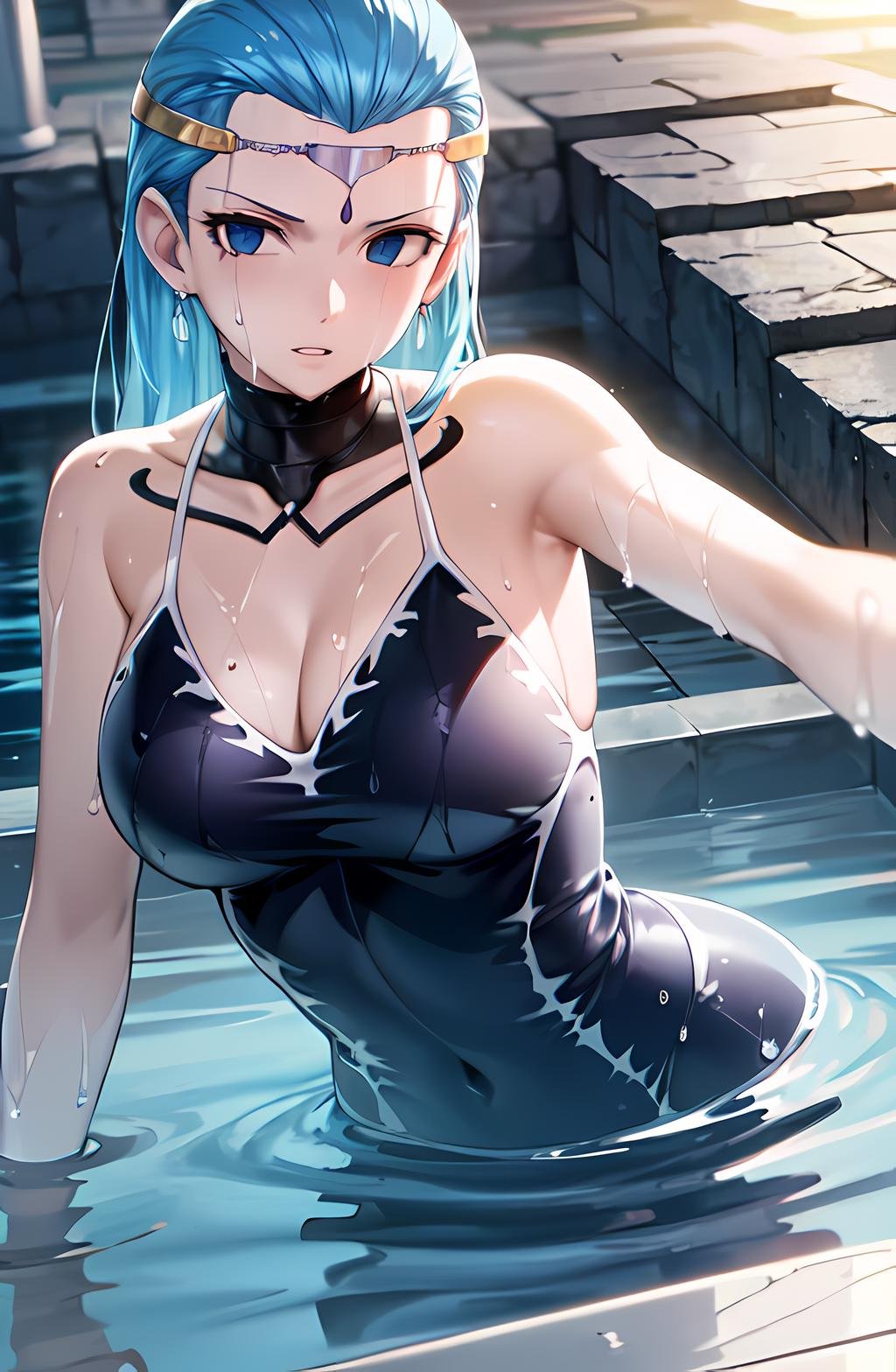 masterpiece, absurdres, (intricate details), (colorful),cinematic lighting,bust shot,extremely detailed CG unity 8k wallpaper, one-piece swimsuit, sunlight, parted lips, looking at viewer, poolside, leaning forward, arm support,wet, partially submerged, water, <lora:aquarius-051111:1> aquariusft