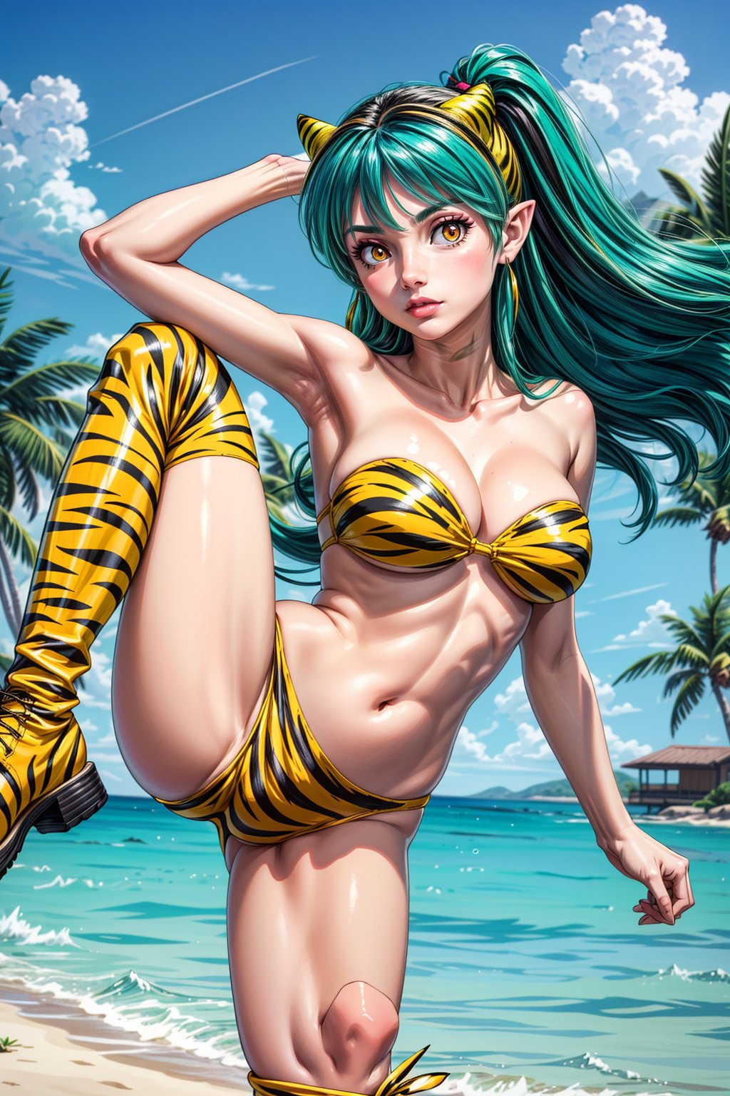 1girl, solo, long hair, breasts, looking at viewer, bangs, large breasts, navel, cleavage, standing, swimsuit, sidelocks, bikini, multicolored hair, boots, green hair, horns, pointy ears, orange eyes, strapless, aqua hair, floating hair, leg up, standing on one leg, knee boots, animal print, arm behind back, oni horns, oni, tiger print, holding hair, print bikini, yellow footwear, strapless bikini, lum,Urusei Yatsura,3D MODEL,<lora:EMS-179-EMS:0.900000>,<lora:EMS-305822-EMS:0.800000>