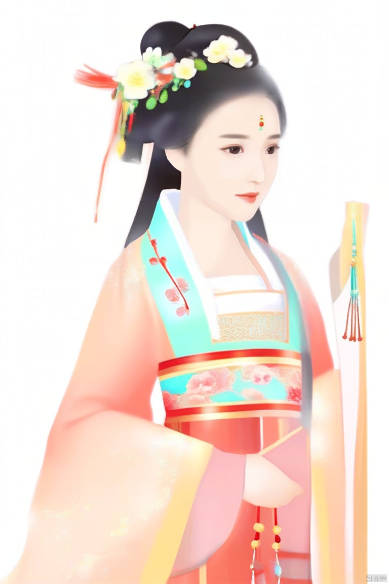 风格;masterpiece,bestquality,Flatstyle, 
人物;1girl,solo,black hair, short hair,beautiful detailedeyes, hair ornament,
视角; Upper body, 
服饰; red dress, wide sleeves,chinese clothes,hanfu, 
动作; standing, 
场景; indoors, dusky, simple background, white background,
