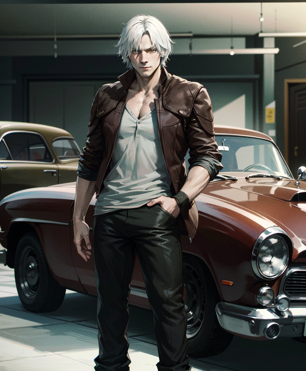 ((ultra detailed, masterpiece, absurdres))

DMC5Dante, 1boy, solo, short hair, white hair, Vintage car garage, classic car backdrop, standing, rolled-up sleeves, mechanic vibe,DMC5Dante