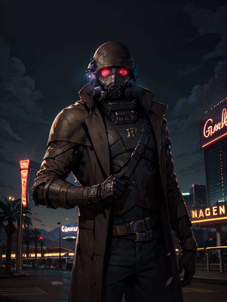 4K, Masterpiece, highres, masterpiece, best quality, post-apocalypse, solo, 1boy, NCR-Rangerarmor, green eyes, glowing eyes, outdoors,(midnight:1.2), vegas casino, <lora:NCR-Rangerarmor_v10:0.9>, golden suit, golden tuxedo, formal_dress,