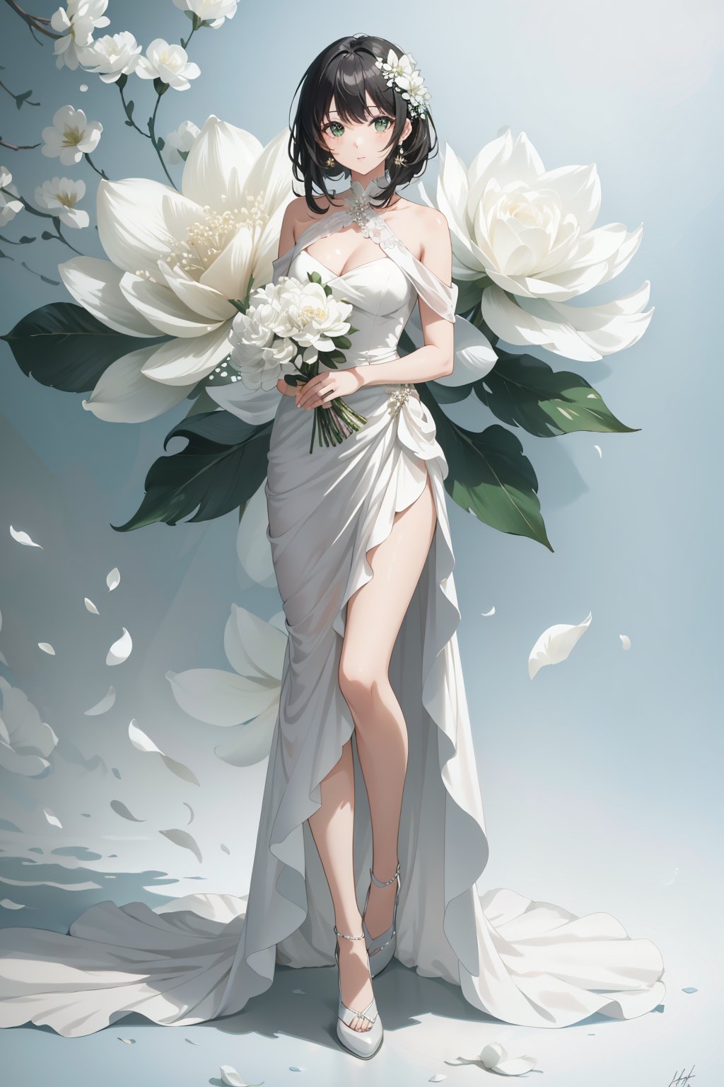 8k, Best Quality, Masterpiece,Super Detail,High sense photo, ((1girl)), full body, looking at viewer,  floral dress, simple background, flower, signature, blood, white flower, green background, bouquet, still life  <lora:floral dress:1.4>