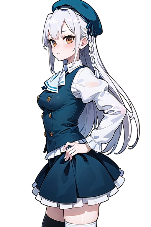 Crescent\(dimensionality of Morpheus\),1girl, (solo), (adult:1.3),
looking at viewer, closed mouth, standing, highres, from side, hands on hips, bishoujo, shoujo, 
cowboy shot, simple background, white background,
very long hair, white hair, (braid:1), bangs, brown eyes, medium breasts, beret, blue headwear with ribbon,
white ascot, blue sleeves, (white vest:1.1), double-breasted vest, 
long sleeves, puffy sleeves, juliet sleeves, frills,
frilled dress, (blue skirt:1.1), zettai_ryouiki,
white thighhighs, black footwear, kneeboots,
highres,
(perfect detailed face), ((clear face)), perfect body, standard body, detailed eyes, beauty, normal body, 
beautiful face, ((clear details)), 
(highly detailed), masterpiece, ((best quality)), illustrations,