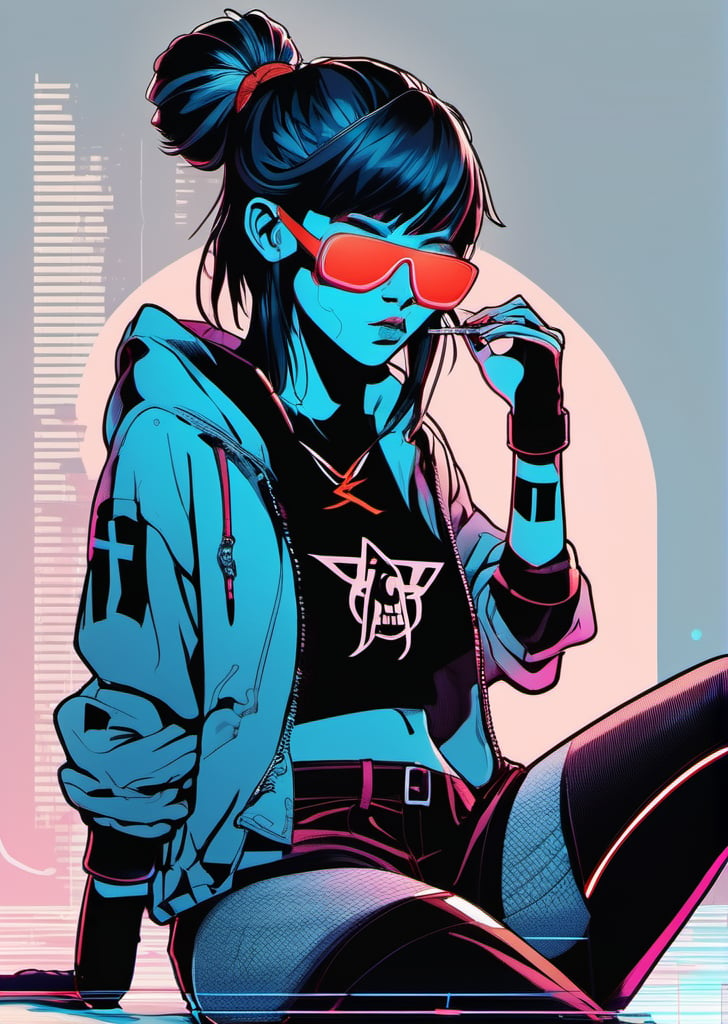 cyberpunk, sunglass,The long scar on the forehead is formed by a straight line drawn across many x marks, monkey skull, full detail body female, smily,smoking, detail nike jordan sneakers shoes, fashion, squat,ceramics, shoes, hoodie, croptop, logo,12k, water effect, blueoragenred, cinematic, minimalism fantastic background, ghost blade art style, fantastic, digital art, high detail, high detail skin, real skin, 8k, high_resolution, high quality, line code with glowing ancient characters, hdr:1.5, sharpness,niji style,niji style,ghibli,xxmixgirl<lora:EMS-306505-EMS:0.500000>