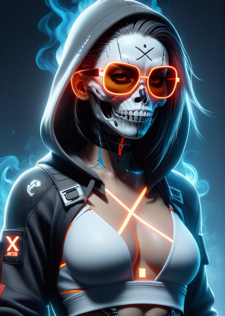 cyberpunk, sunglass,The long scar on the forehead is formed by a straight line drawn across many x marks, monkey skull, full detail body female, smily,smoking, detail nike jordan sneakers shoes, fashion, squat,ceramics, shoes, hoodie, croptop, logo,12k, water effect, blueoragenred, cinematic, minimalism fantastic background, ghost blade art style, fantastic, digital art, high detail, high detail skin, real skin, 8k, high_resolution, high quality, line code with glowing ancient characters, hdr:1.5, sharpness,niji style,niji style,ghibli,xxmixgirl<lora:EMS-306505-EMS:1.000000>