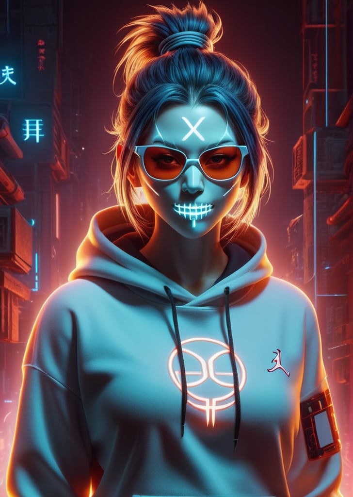 cyberpunk, sunglass,The long scar on the forehead is formed by a straight line drawn across many x marks, monkey skull, full detail body female, smily,smoking, detail nike jordan sneakers shoes, fashion, squat,ceramics, shoes, hoodie, croptop, logo,12k, water effect, blueoragenred, cinematic, minimalism fantastic background, ghost blade art style, fantastic, digital art, high detail, high detail skin, real skin, 8k, high_resolution, high quality, line code with glowing ancient characters, hdr:1.5, sharpness,niji style,niji style,ghibli,xxmixgirl<lora:EMS-306505-EMS:1.000000>