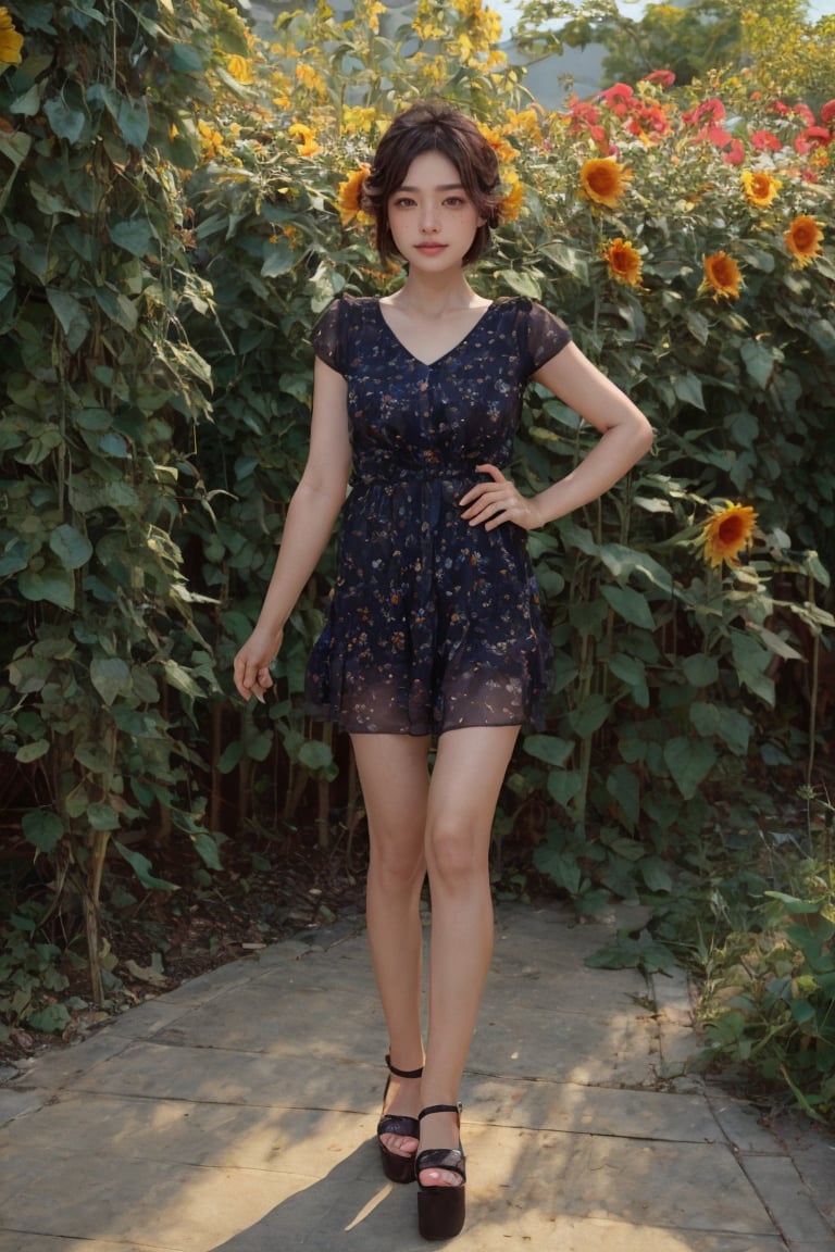 (wide shot), (long shot ),  ((full body)) 
38 yo female}, wavy short bob, light olive skin, small brown eyes, (copper eyeshadow), big breasts, cleveage, wearing (sundress with a floral pattern), sandles, joyful laugh, walking in a garden full of flowers, sunflowers, beautiful sunlight, day time, looking at viewer, cowboy shot

Her messy hair, wavy , black,  frames her face enhancing her overall charm. 

She's got a (slender figure) and (fantastic legs). Wearing a short dress which accentuates her figure and great legs. (Leather black shoes). (((Shown full length)))

Low camera shot. (frog perspective shot) In summary,  this image captures the essence of inviting and stylish beauty. film grain. grainy. Sony A7III. photo r3al, 
,PORTRAIT PHOTO,
iridescent Eyes, (blush, eye_wrinkles:0.6), (goosebumps:0.5), subsurface scattering, imperfect skin, skin blemishes, ((skin pores)), detailed skin texture, textured skin, realistic dull skin noise, visible skin detail, skin fuzz, dry skin, hyperdetailed face, sharp picture, sharp detailed, 
analog very grainy photo vintage, Rembrandt lighting, ultra focus, illuminated face, detailed face, 8k resolution, painted, dry brush, brush strokes, sharp focus,more saturation ,photo r3al,chinagirl02,Sexy Pose