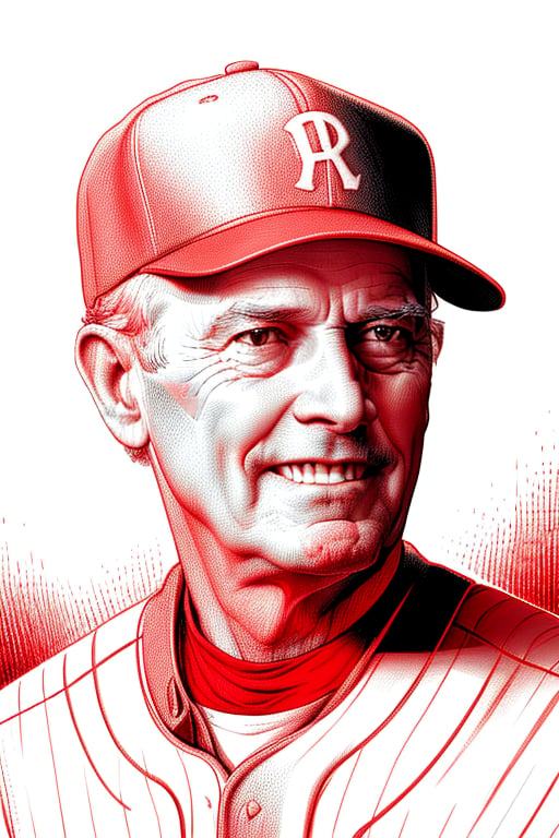 A detailed XTCH crosshatching sketched illustration, close-up portrait of a vintage Baseball Player, an older Pitcher staring away under brim of cap, with a smirk. Partially shaded face, highly detailed, red theme, colored linear hatch lines, heavy crosshatching in face and skin tones, sharp focus, spot color, XTCH, crosshatching, portrait