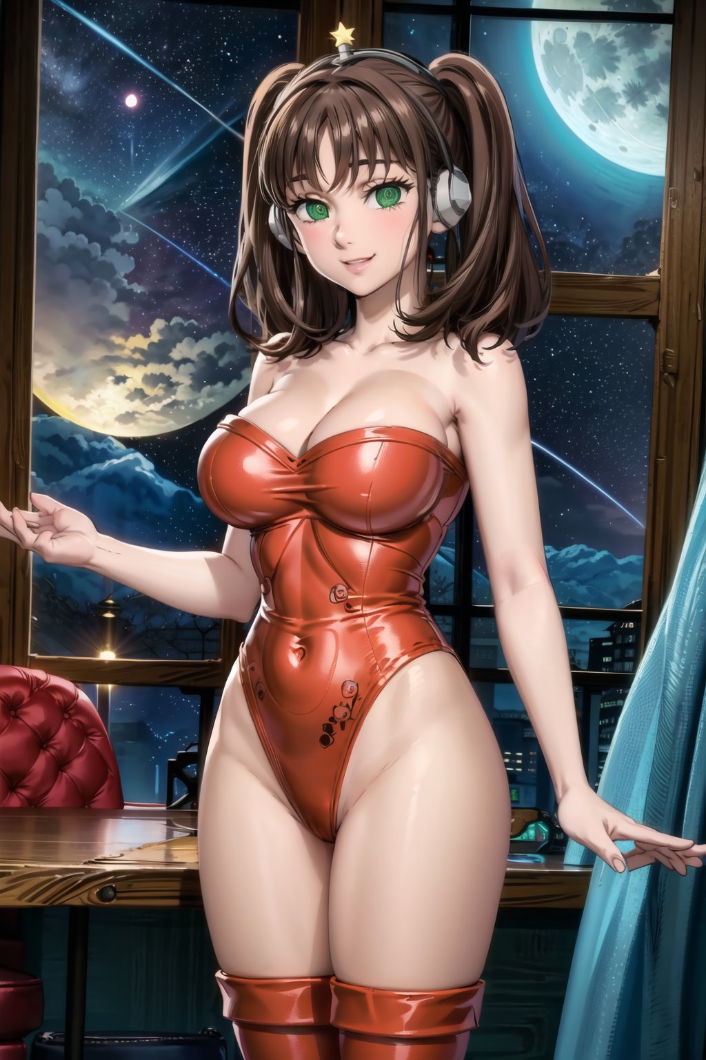 diane,, twintails, brown hair, smile, fembot, headphone, @_@, green eyes, leotard, thighhighs, boots,cleavage, bare shoulders,window, 1girl,  night,solo, indoors, star \(sky\), large breasts,  moon, curtains, night sky, starry sky, looking at viewer, sky,  moonlight, standing, full moon, suit, cowboy shot, day,  blue sky