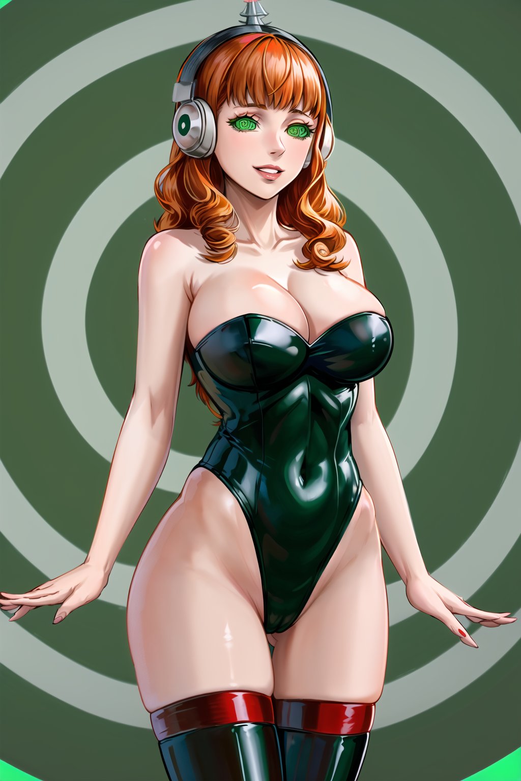 High detailed, cyberpunk, future, ,mimosa vermillion, orange hair, , smile, lips, ((latex)), ((fembot, headphone, @_@, green eyes, leotard, thighhighs, cleavage, bare shoulders)), large breasts, ((green background, spiral background,simple background)), looking at viewer, (cowboy shot),