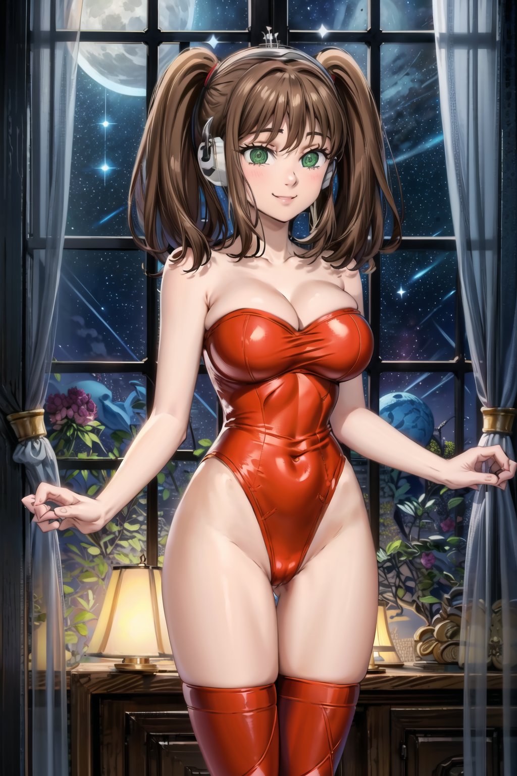 diane,, twintails, brown hair, smile, fembot, headphone, @_@, green eyes, leotard, thighhighs, boots,cleavage, bare shoulders,window, 1girl,  night,solo, indoors, star \(sky\), large breasts,  moon, curtains, night sky, starry sky, looking at viewer, sky,  moonlight, standing, full moon, suit, cowboy shot, day,  blue sky